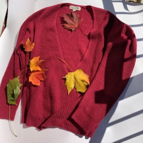 Long Sleeve Cable Knit Fuchsia Pink Wrap V Neck Sweater Ribbed Hems Women's XL - Picture 6 of 14